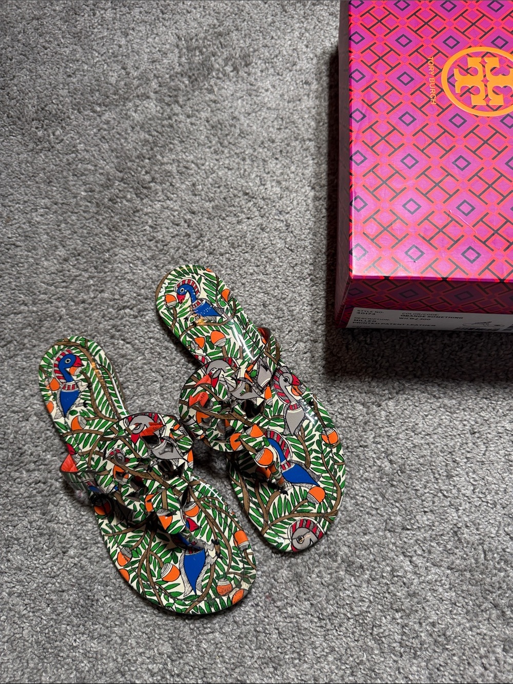 Tory Burch Tropical Print Leather Miller Sandals in Green, Blue & Orange